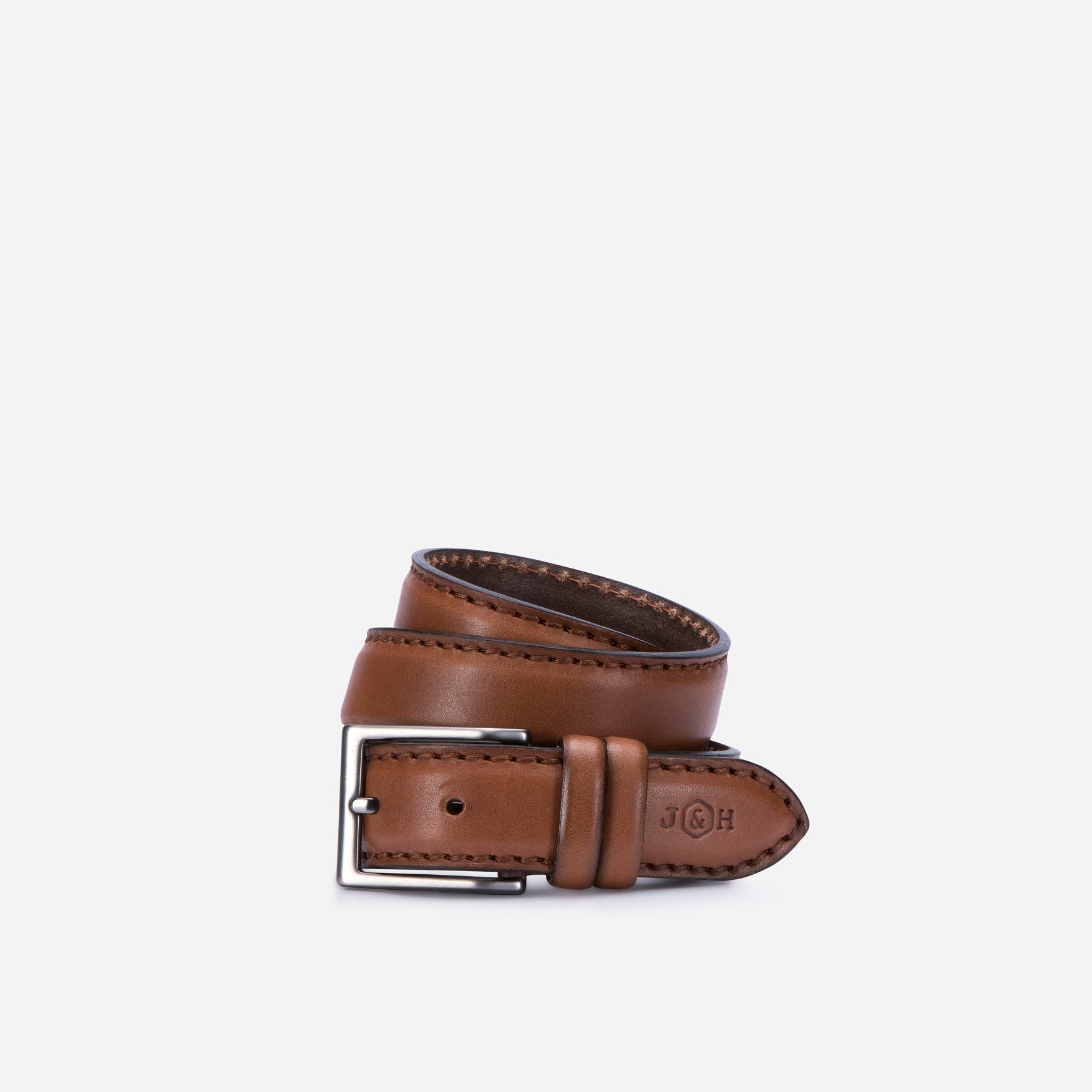 Men's camel belt featuring intricate stitching, perfect for stylish outfits.