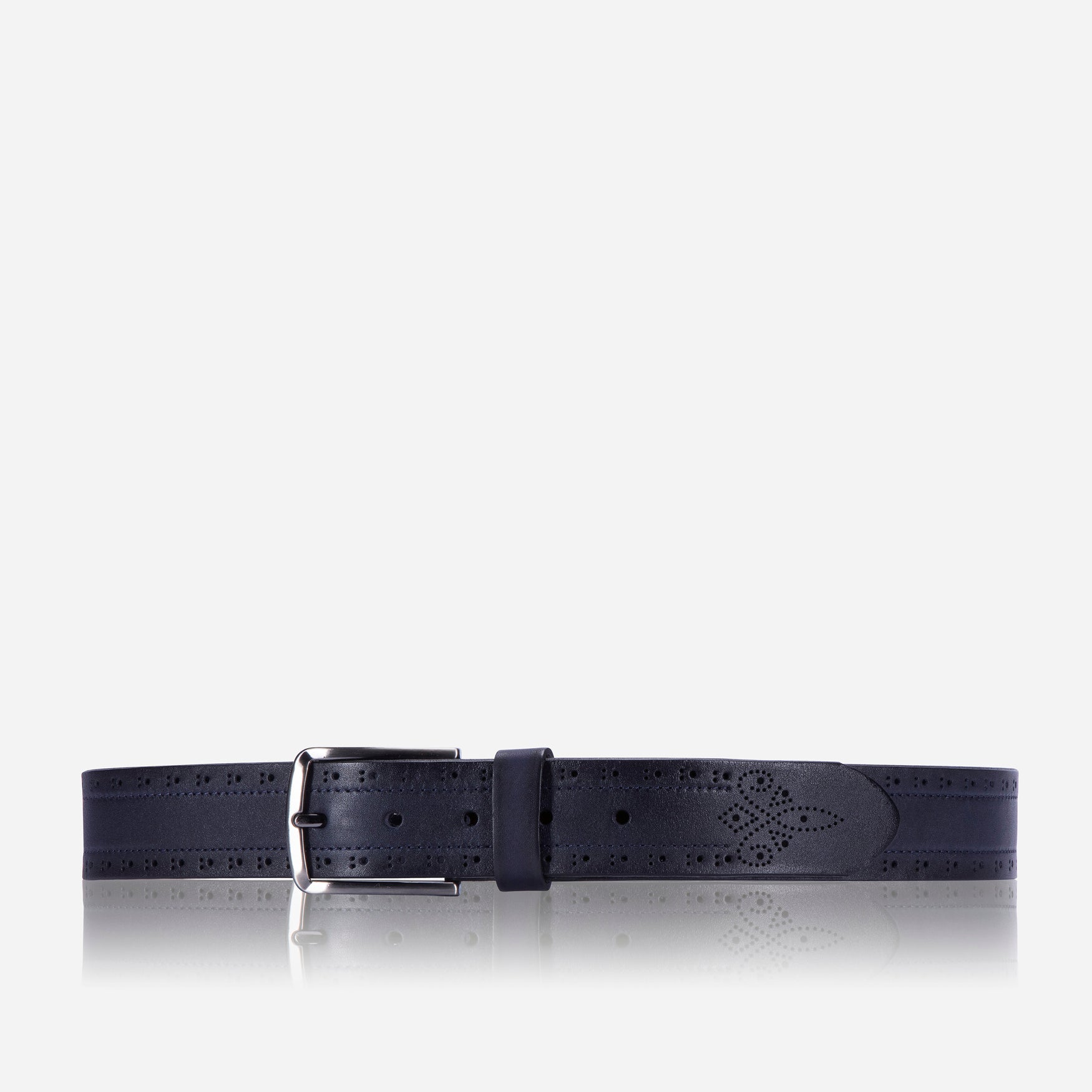 Men's navy belt featuring intricate detailing and a sleek buckle, perfect for enhancing any outfit.