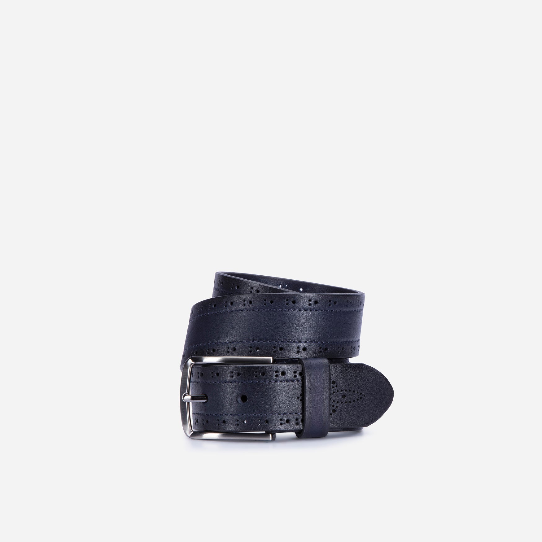 Men's navy belt featuring intricate detailing and a sleek buckle, perfect for enhancing any outfit.