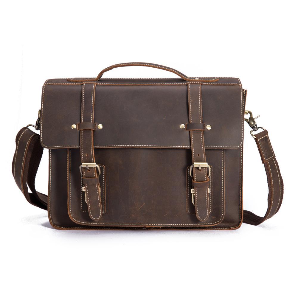 Men's brown large capacity messenger bag made from crazy horse skin, featuring a spacious design and versatile carrying options.