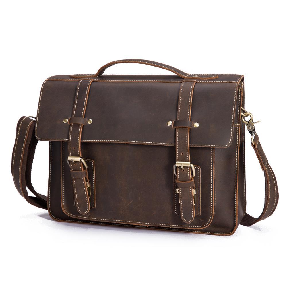 Men's brown large capacity messenger bag made from crazy horse skin, featuring a spacious design and versatile carrying options.