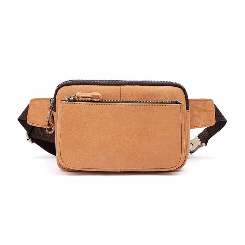 Men's Casual Functional Waist Bag Pack made of leather, featuring multiple pockets and a zipper closure, ideal for everyday use.