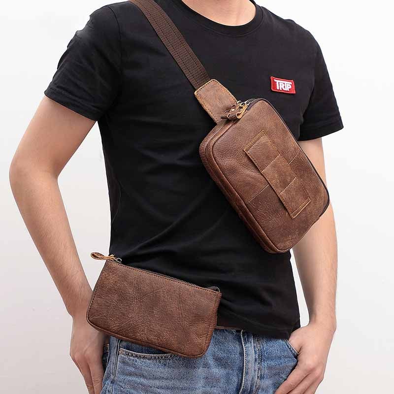 Men's Casual Functional Waist Bag Pack made of leather, featuring multiple pockets and a zipper closure, ideal for everyday use.