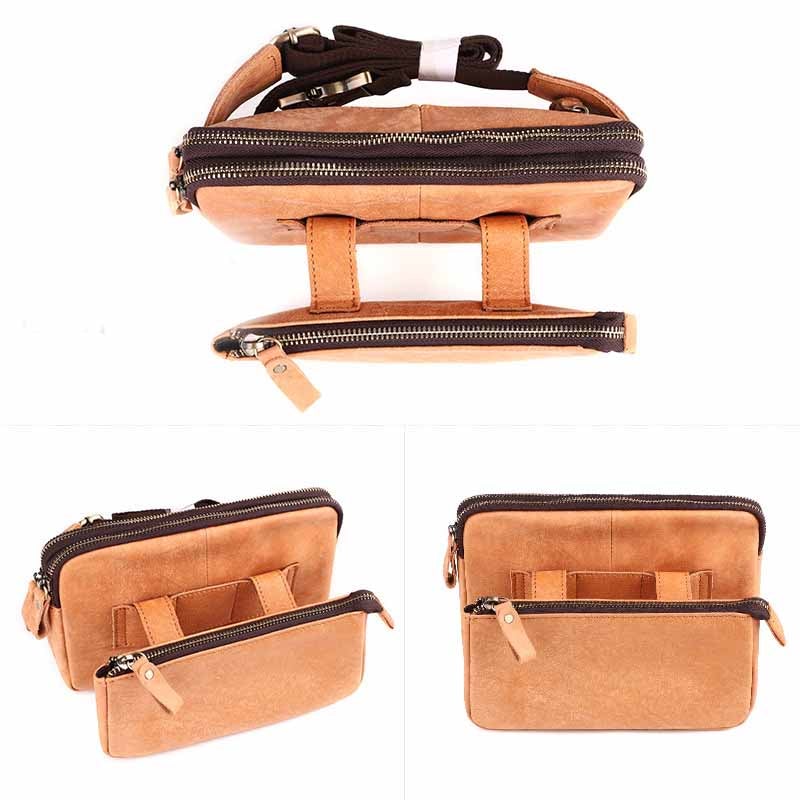 Men's Casual Functional Waist Bag Pack made of leather, featuring multiple pockets and a zipper closure, ideal for everyday use.