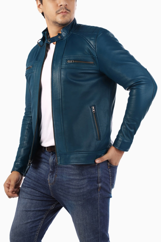 Men's Casual Signature Diamond Lambskin Leather Jacket in Blue, featuring a quilted diamond pattern and multiple zip pockets.