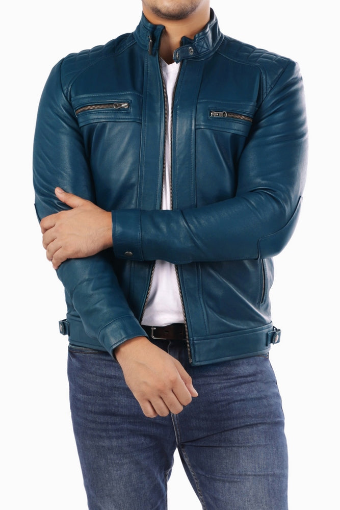 Men's Casual Signature Diamond Lambskin Leather Jacket in Blue, featuring a quilted diamond pattern and multiple zip pockets.