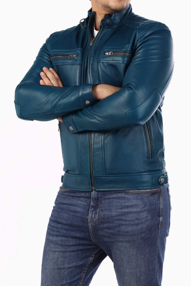 Men's Casual Signature Diamond Lambskin Leather Jacket in Blue, featuring a quilted diamond pattern and multiple zip pockets.