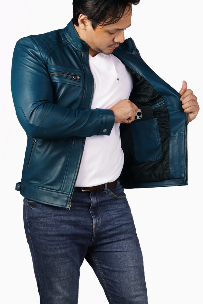 Men's Casual Signature Diamond Lambskin Leather Jacket in Blue, featuring a quilted diamond pattern and multiple zip pockets.