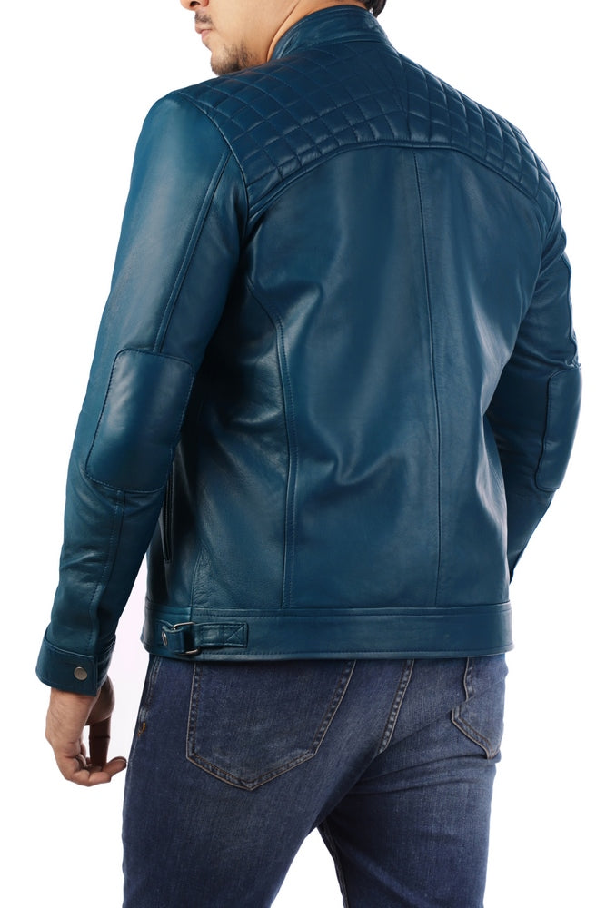 Men's Casual Signature Diamond Lambskin Leather Jacket in Blue, featuring a quilted diamond pattern and multiple zip pockets.