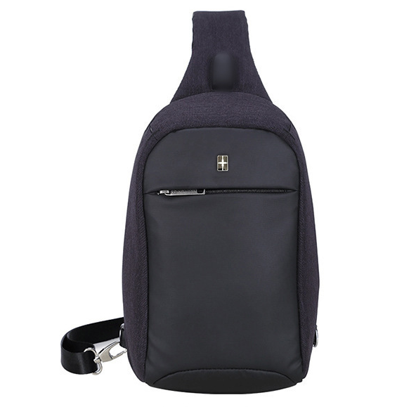 Men's Casual USB Charging Fashion Crossbody Bag in solid color, made of waterproof nylon with a zipper closure.