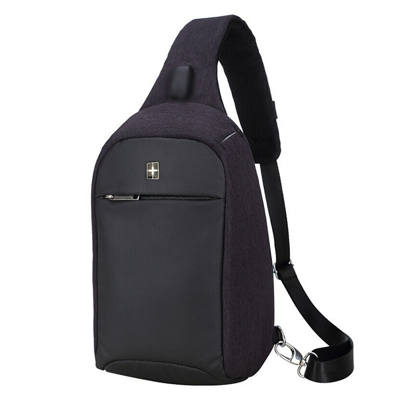 Men's Casual USB Charging Fashion Crossbody Bag in solid color, made of waterproof nylon with a zipper closure.