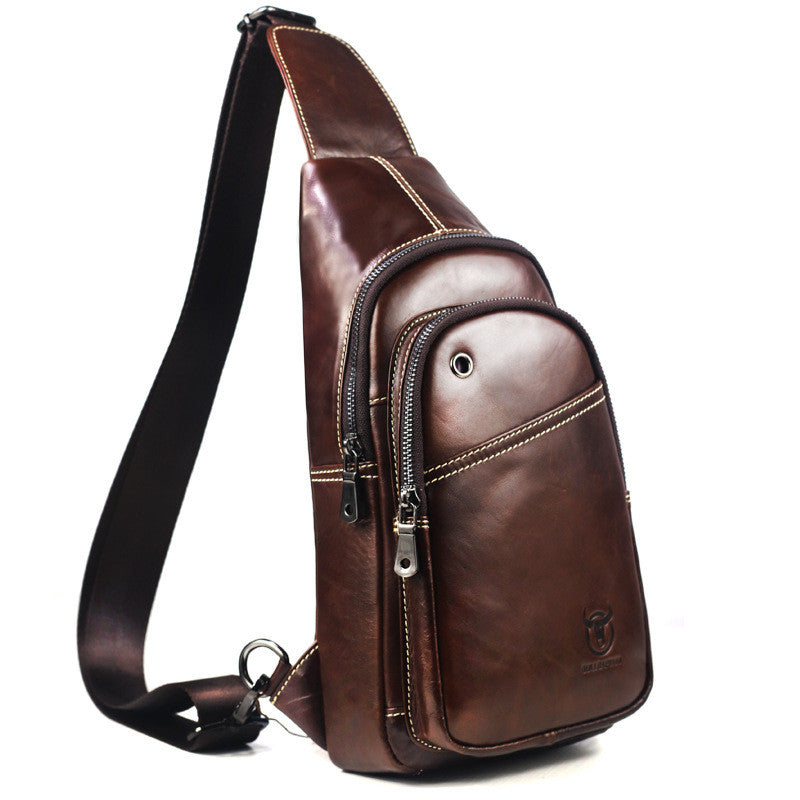 Men's Fashion Korean Style Leather Chest Bag made of premium cowhide, featuring a sleek design with multiple pockets and a telescopic handle.