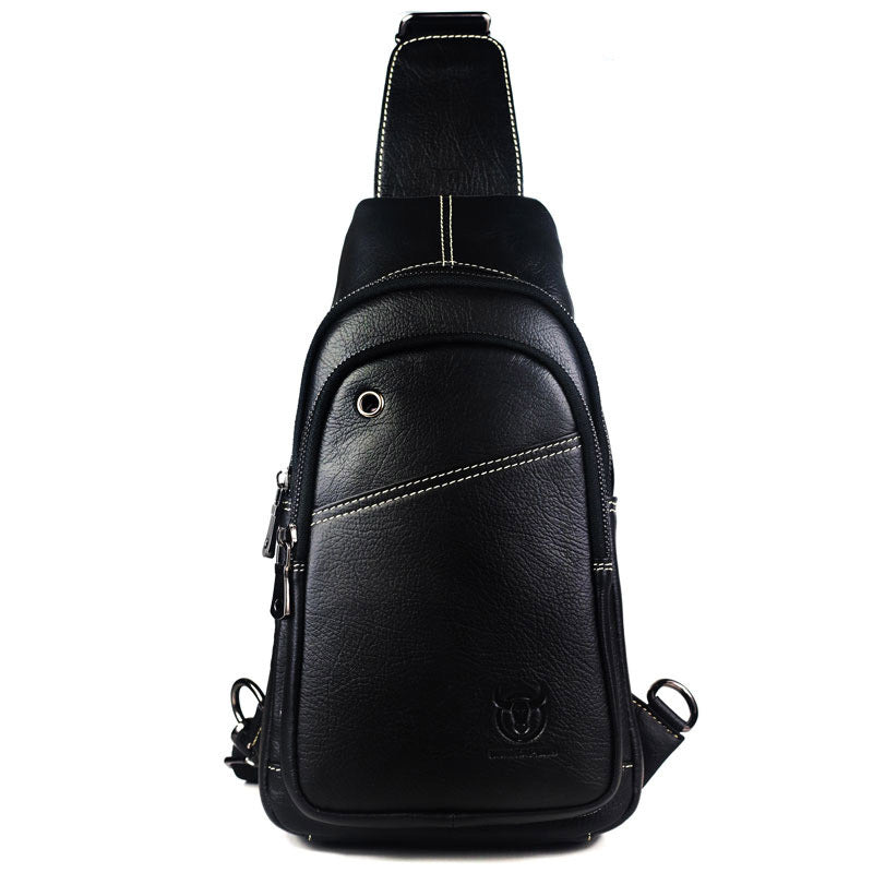 Men's Fashion Korean Style Leather Chest Bag made of premium cowhide, featuring a sleek design with multiple pockets and a telescopic handle.