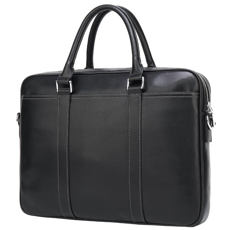 Men's High Quality Leather Portable Briefcase in black, featuring a soft leather surface, zipper opening, and stylish car suture detailing.