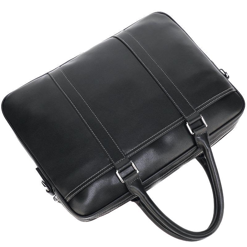 Men's High Quality Leather Portable Briefcase in black, featuring a soft leather surface, zipper opening, and stylish car suture detailing.