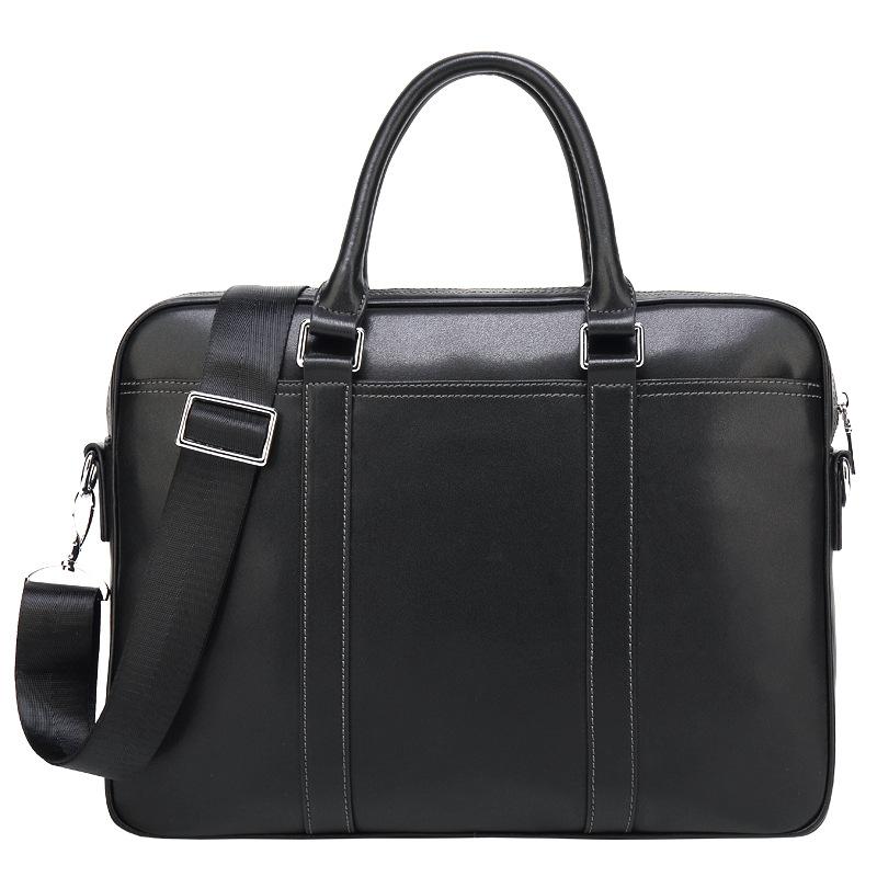 Men's High Quality Leather Portable Briefcase in black, featuring a soft leather surface, zipper opening, and stylish car suture detailing.