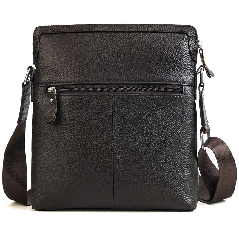 Men's Leather Business Casual Messenger Bag made from first layer cowhide, featuring embossed design and multiple internal pockets.