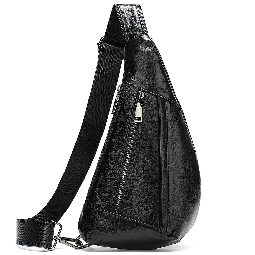 Men's leather crossbody bag in triangle shape, featuring a zipper closure and soft surface, ideal for casual outings.