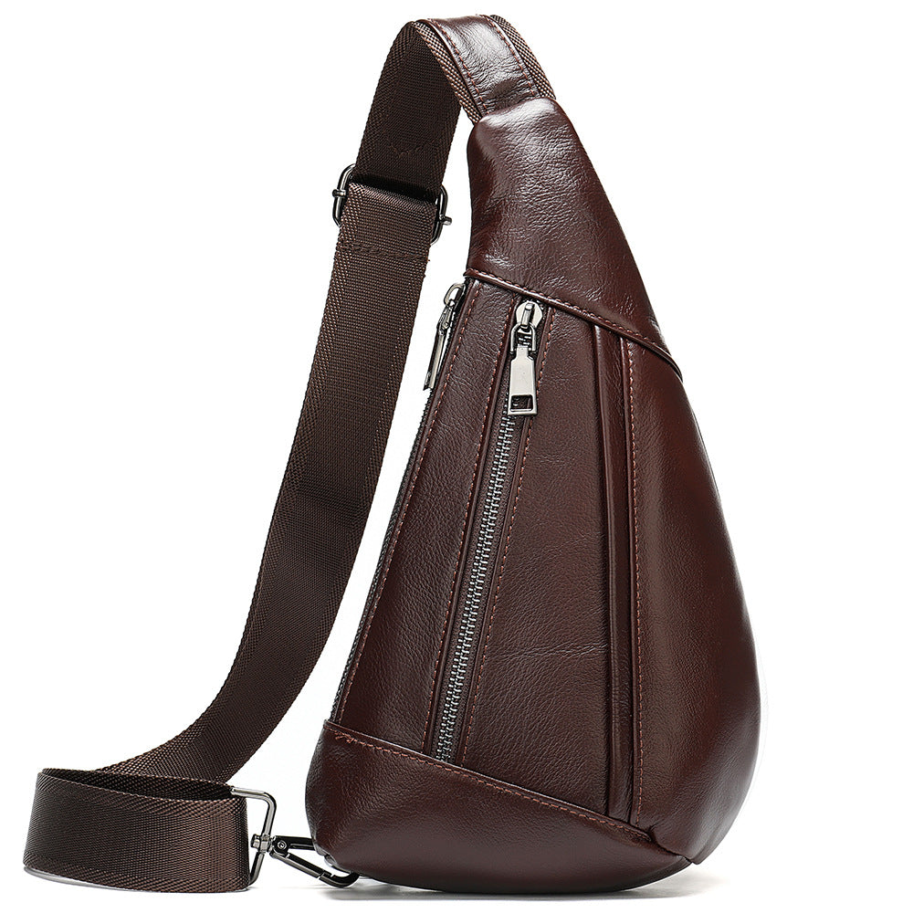 Men's leather crossbody bag in triangle shape, featuring a zipper closure and soft surface, ideal for casual outings.