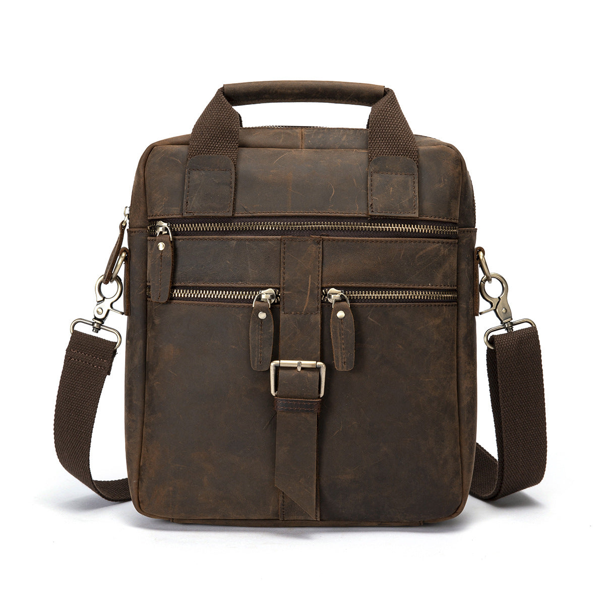 Men's Leather Retro Messenger Bag in cowhide leather, featuring a square vertical design with a magnetic buckle and soft handle.