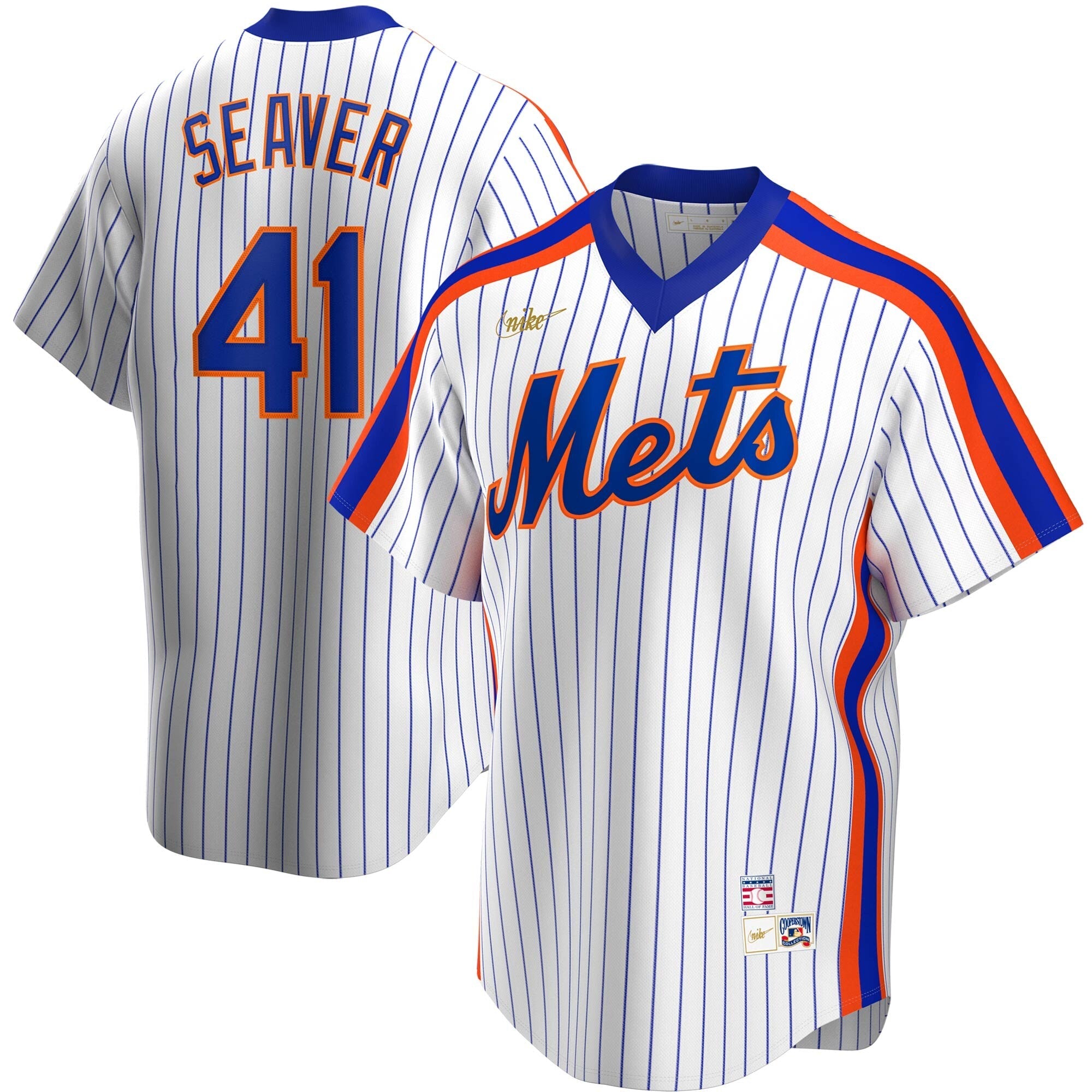 Men's Nike Tom Seaver New York Mets Cooperstown Collection Royal jersey featuring team logo and player details.