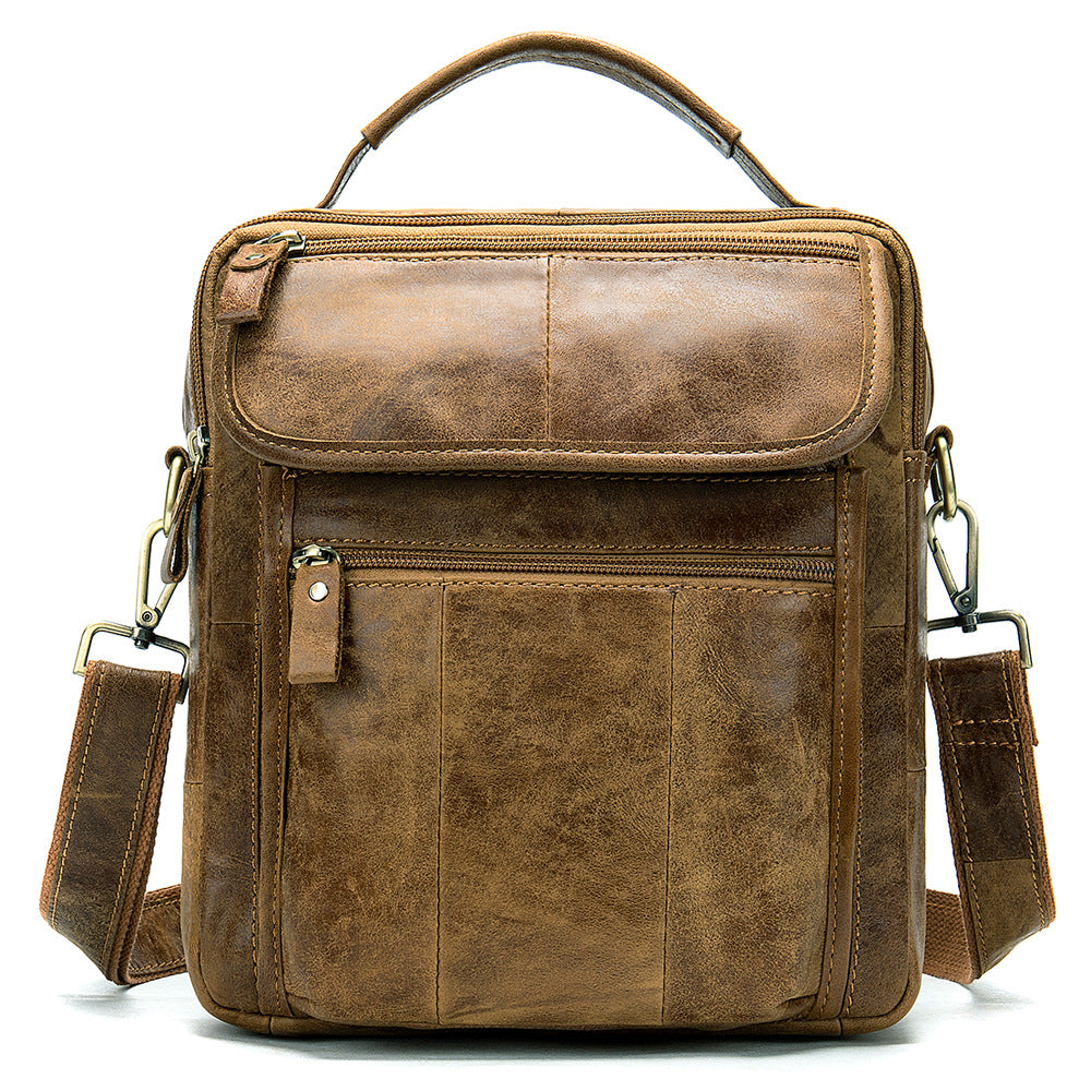 Men's Plain Retro Casual Messenger Bag made of leather, featuring a square shape and multiple pockets for organization.