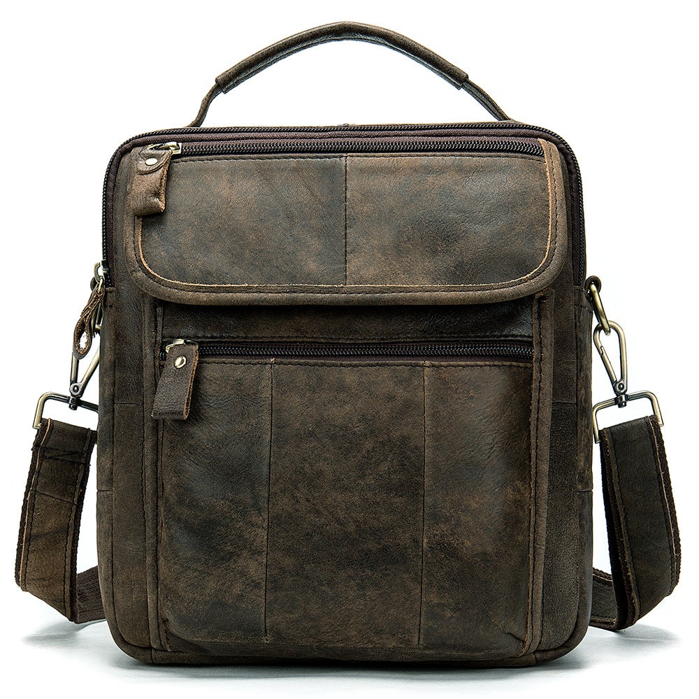 Men's Plain Retro Casual Messenger Bag made of leather, featuring a square shape and multiple pockets for organization.