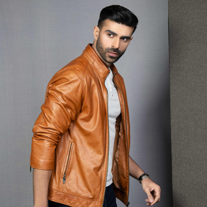 Brown men's premium leather jacket made from 100% real sheep leather, featuring a front zip fastener and snap button collar.