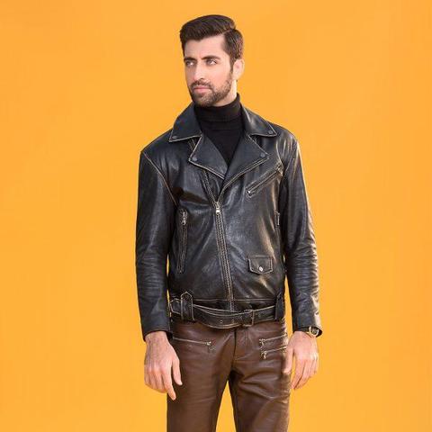 MENS Premium Leather Mukmal Official Jacket made from 100% real sheep leather, featuring a front zip fastener and snap button collar.