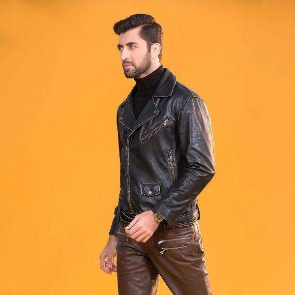 MENS Premium Leather Mukmal Official Jacket made from 100% real sheep leather, featuring a front zip fastener and snap button collar.