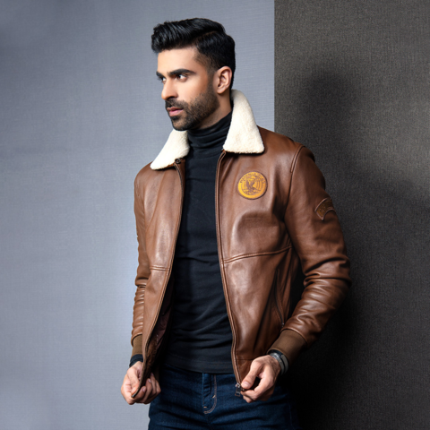 Brown mens premium leather jacket made from 100% real sheep leather, featuring a front zip fastener and snap button collar.