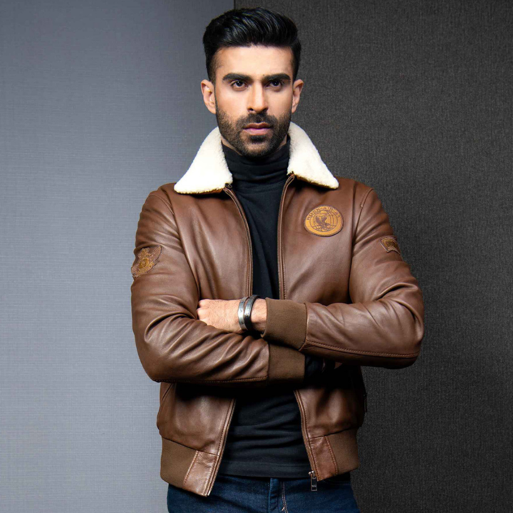 Brown mens premium leather jacket made from 100% real sheep leather, featuring a front zip fastener and snap button collar.