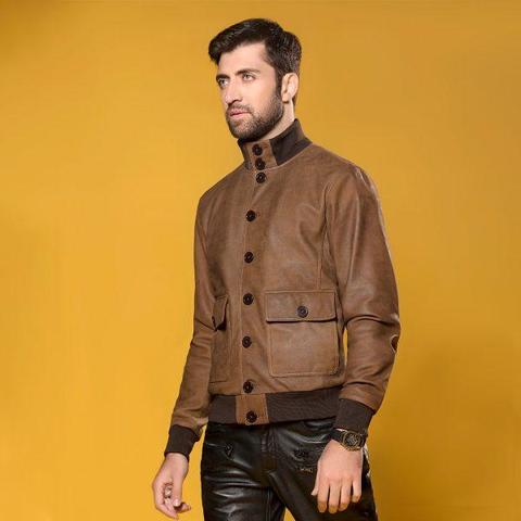 MENS Premium Leather Mukmal Official Jacket made from 100% real sheep leather, featuring a front zip fastener and snap button collar.