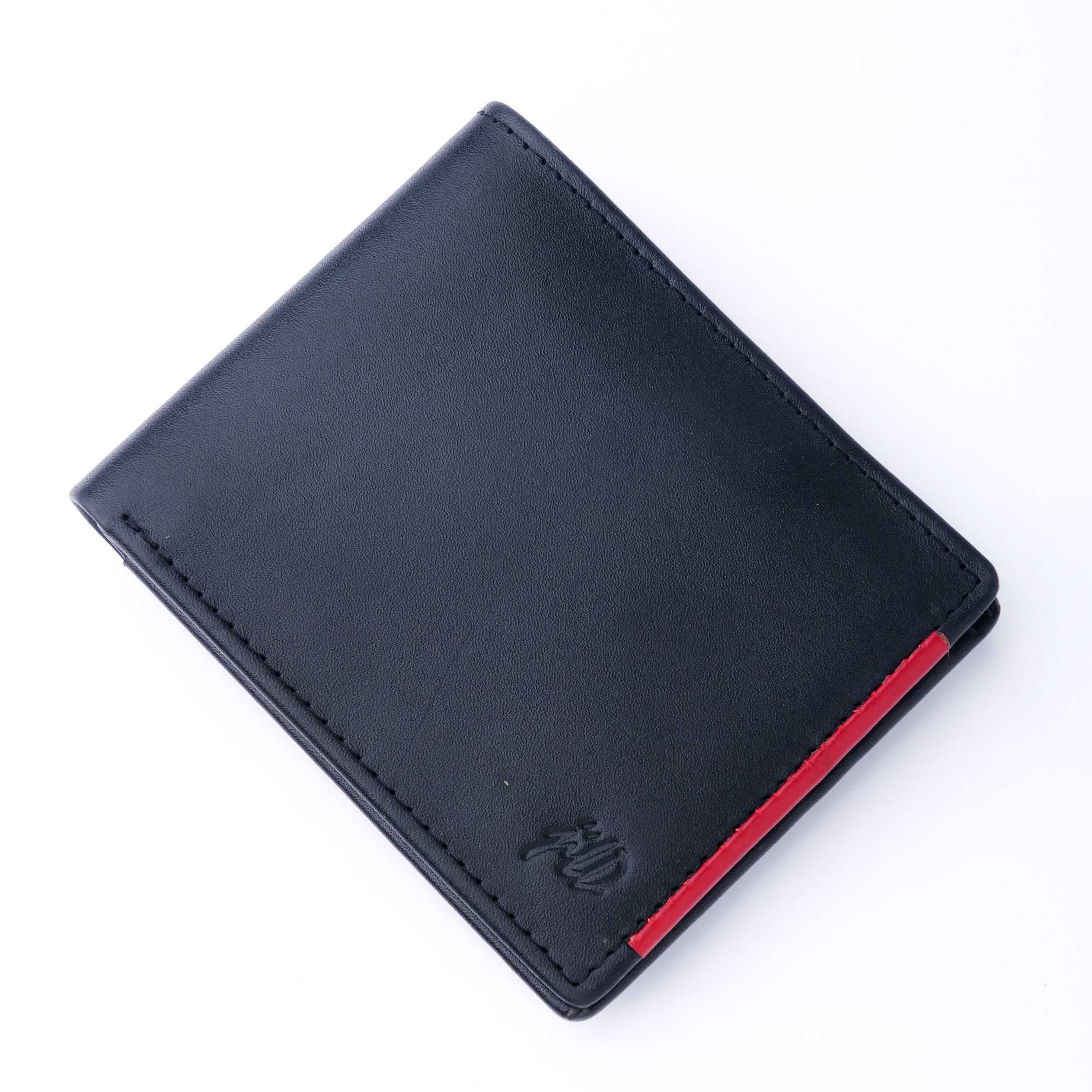 Mens bifold wallet made of pure leather featuring a stylish red stripe, showcasing its slim design and multiple compartments.