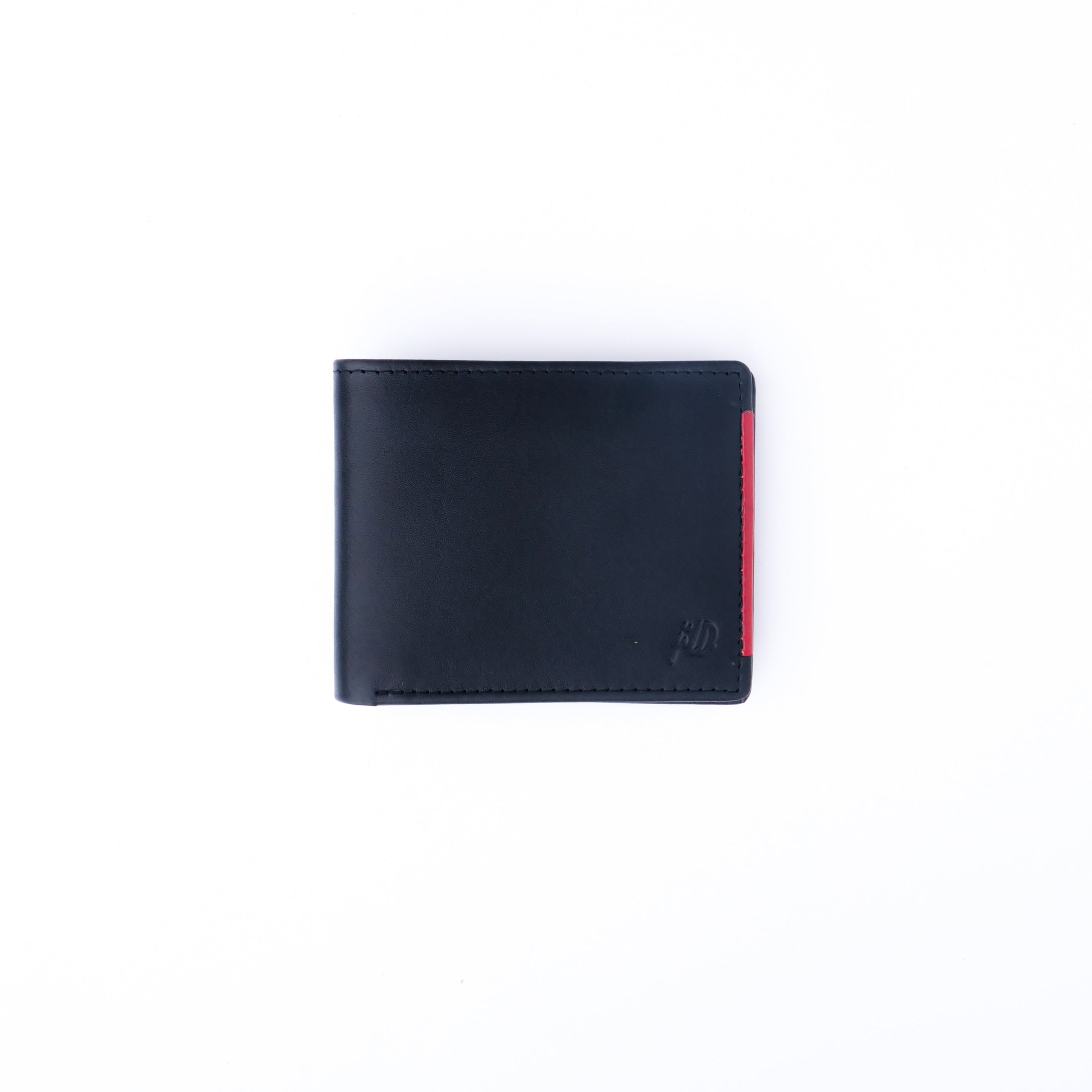 Mens bifold wallet made of pure leather featuring a stylish red stripe, showcasing its slim design and multiple compartments.