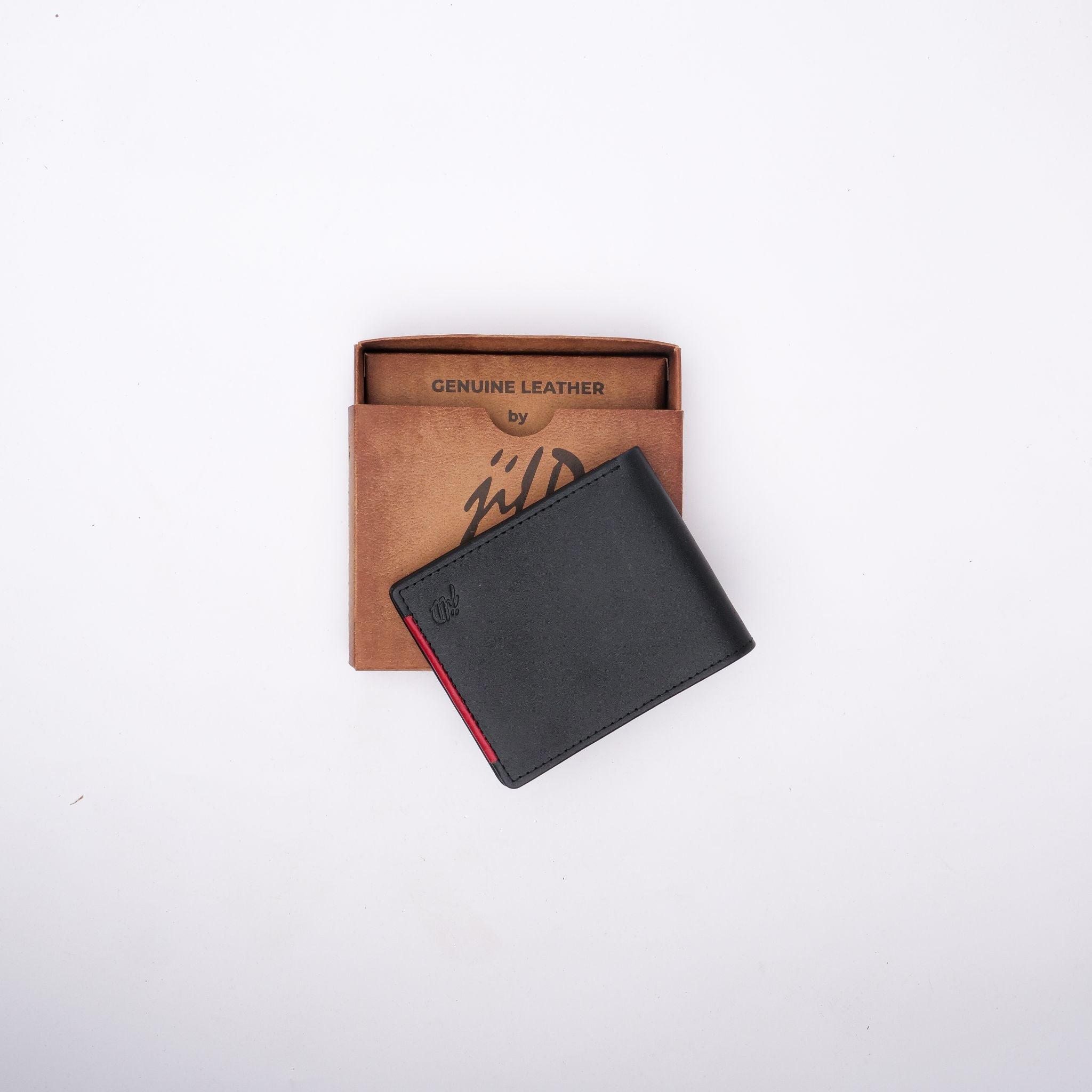 Mens bifold wallet made of pure leather featuring a stylish red stripe, showcasing its slim design and multiple compartments.