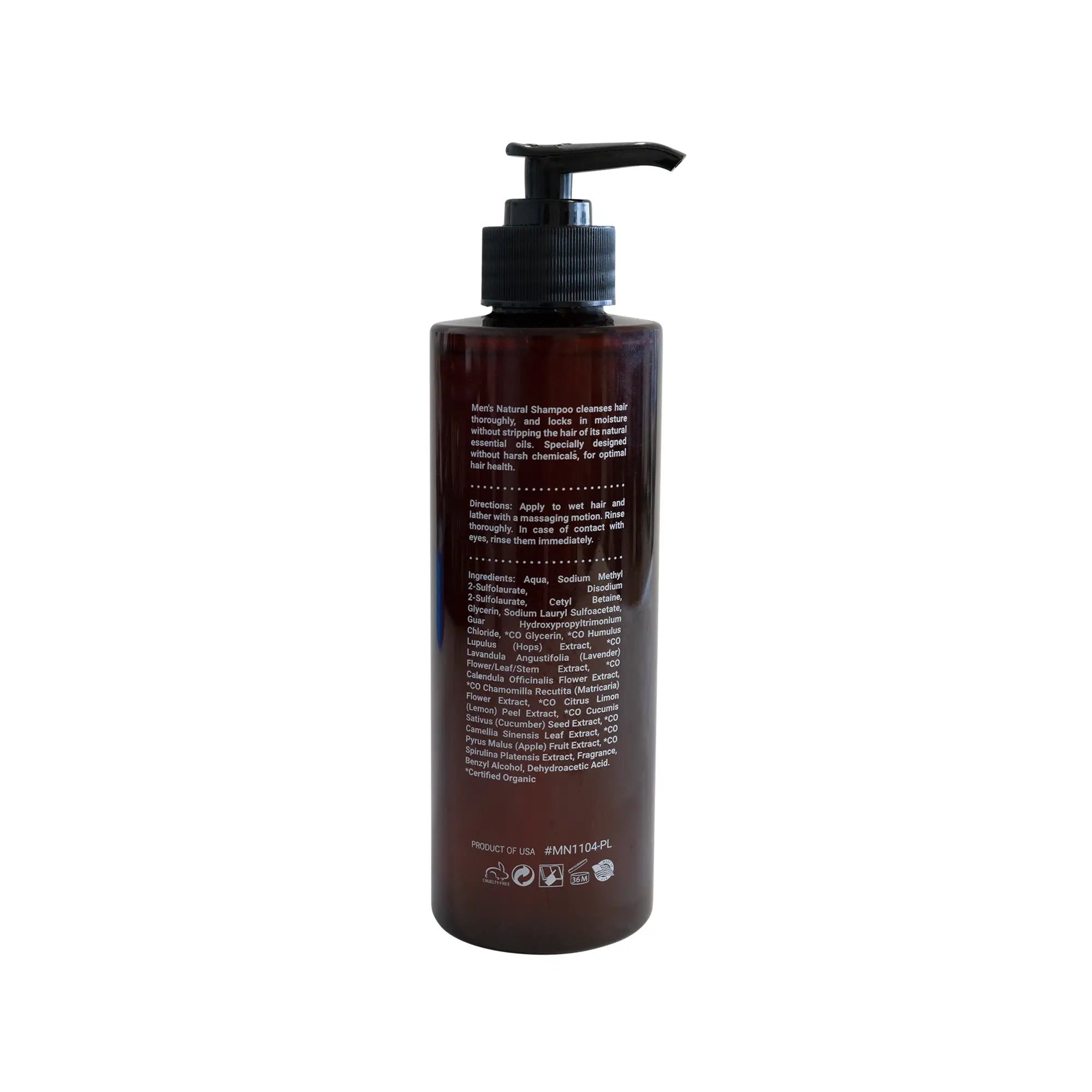 Men's Shampoo bottle with organic ingredients, featuring a sleek design and natural extracts for hair care.