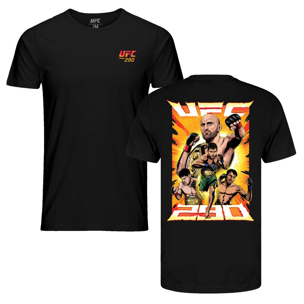 Men's UFC 290 Artist Series T-Shirt in black featuring unique artwork by Nikita Bugrov on the chest and back.