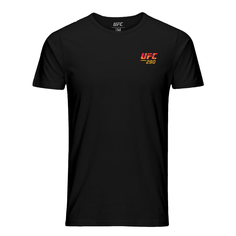 Men's UFC 290 Artist Series T-Shirt in black featuring unique artwork by Nikita Bugrov on the chest and back.