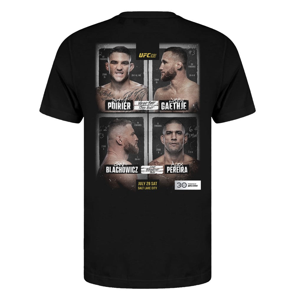 Men's black UFC 291 Poirier vs Gaethje 2 Event T-Shirt featuring a crew neck design, made from 100% ringspun cotton.