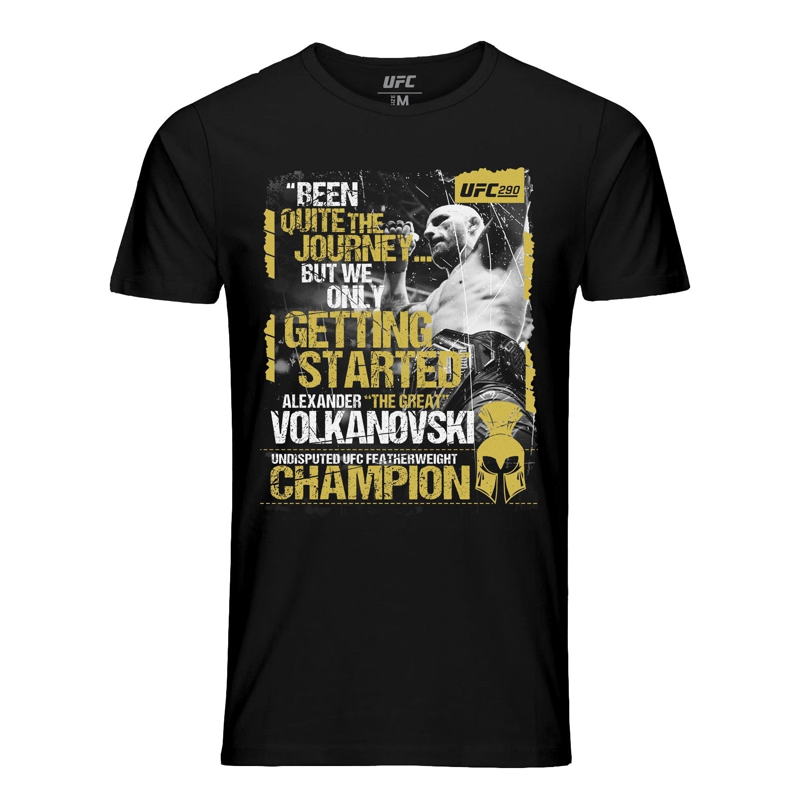 Men's black UFC Alexander Volkanovski UFC 290 Champ T-Shirt featuring bold graphics and short sleeves.