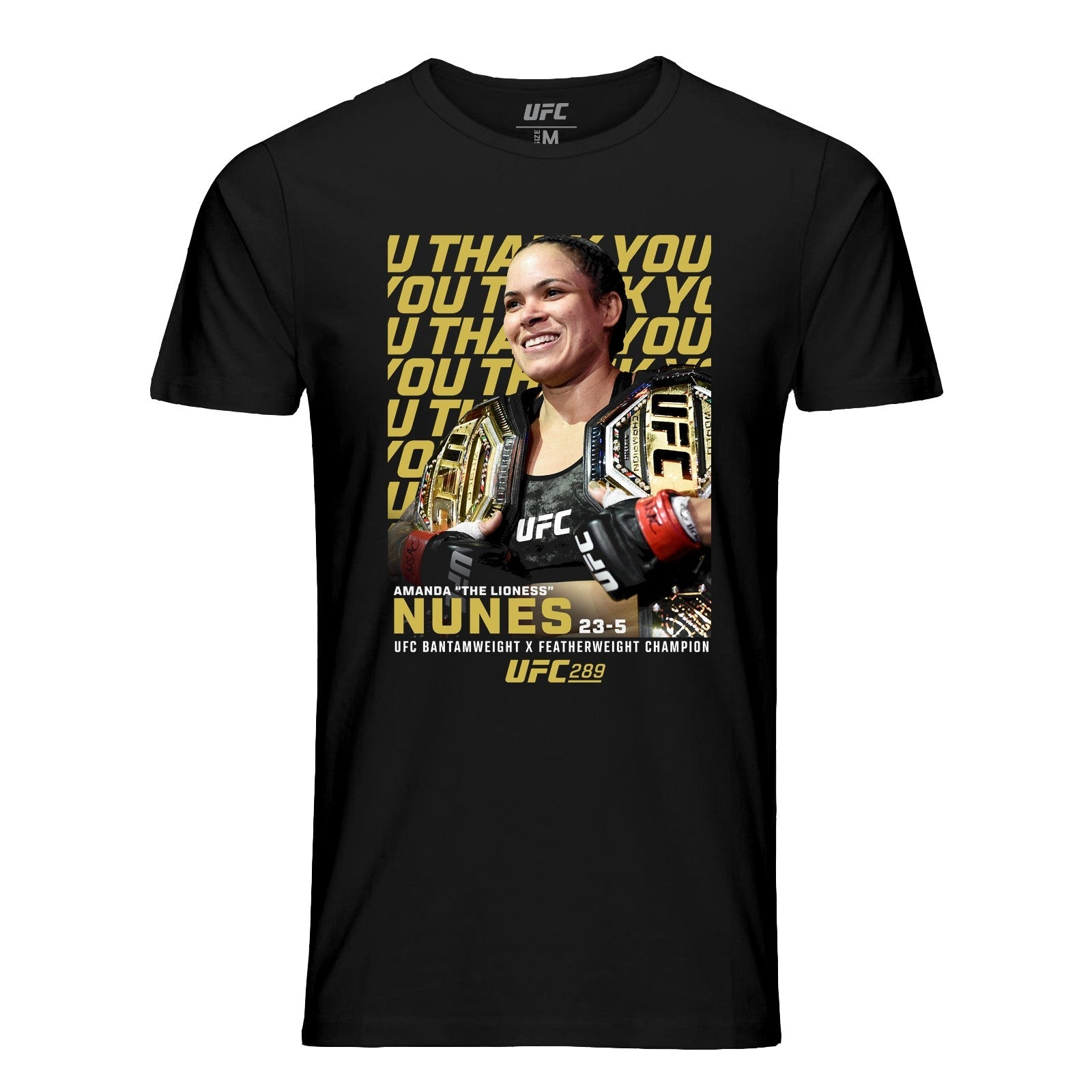 Men's black UFC Thank You T-Shirt featuring Amanda Nunes tribute design, made from 100% ring spun cotton.