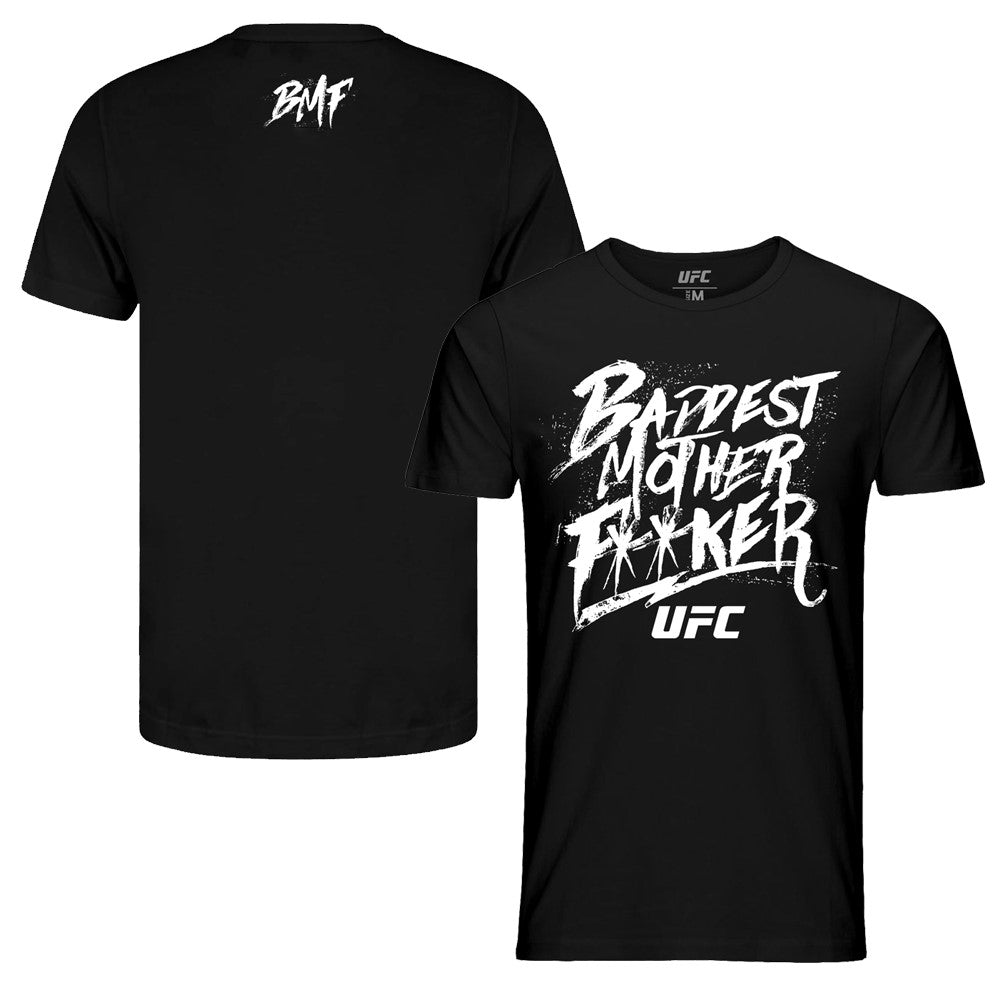 Men's UFC BMF Statement Tee in black, featuring short sleeves and crew neck design, made from 100% ringspun cotton.