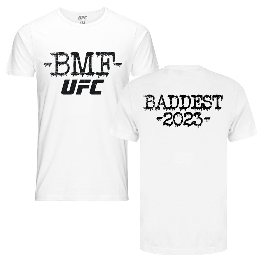 Men's UFC BMF 'The Baddest' Tee in white, featuring a crew neck and short sleeves, showcasing UFC branding.