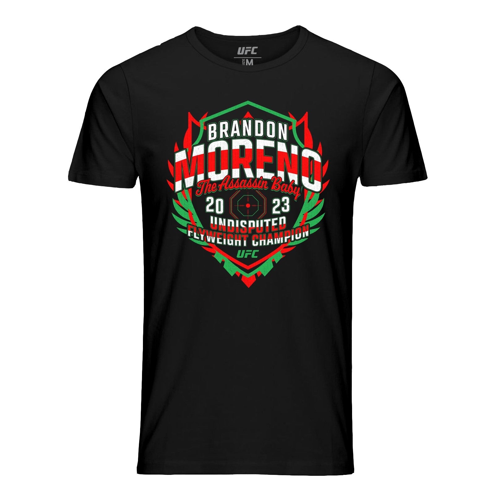 Men's UFC Brandon Moreno Undisputed Crest T-shirt in black, featuring a crew neck design and UFC branding.