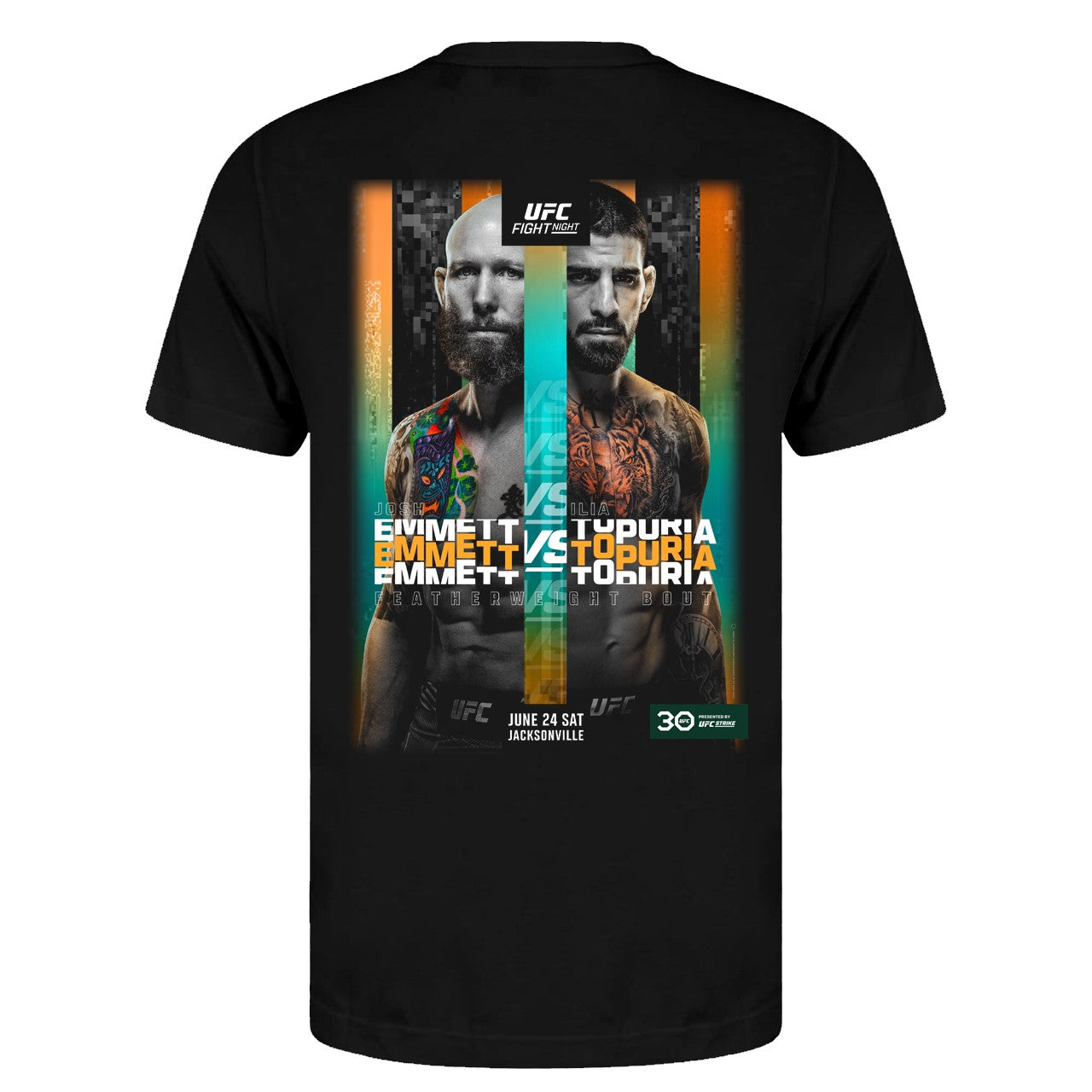 Men's black UFC FN Jacksonville Event T-Shirt featuring Emmet vs Topuria design, made from 100% ring spun cotton.