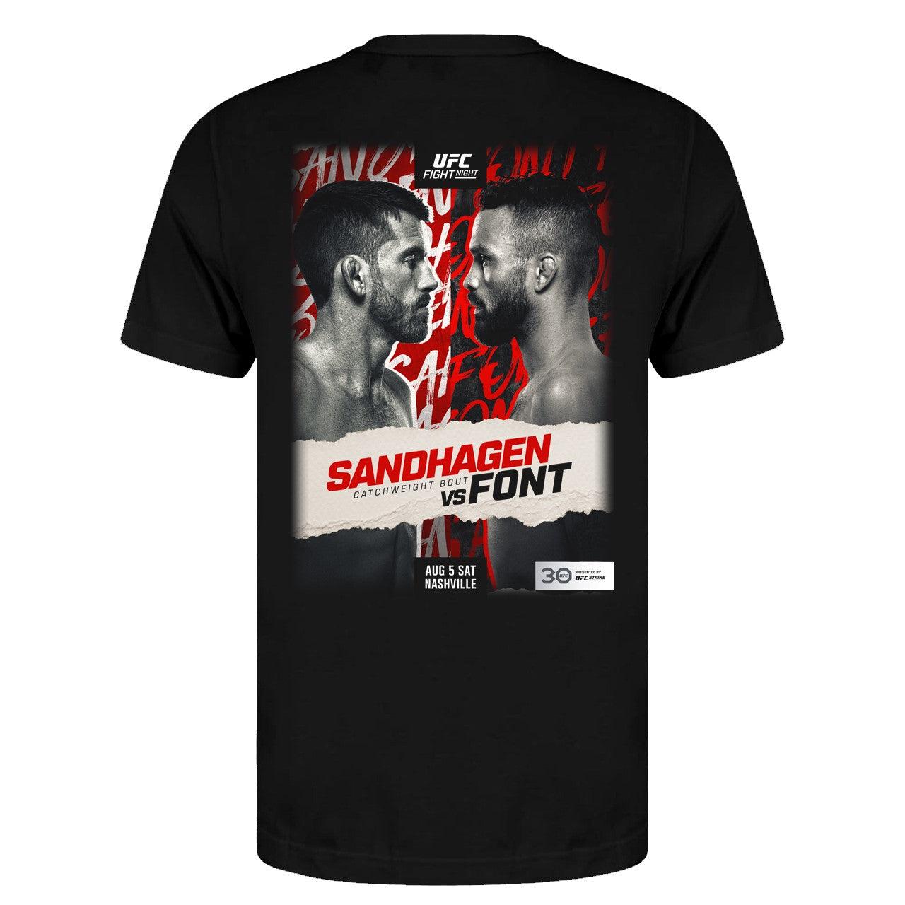 Men's black UFC FN Nashville Sandhagen vs Font event t-shirt made from 100% ringspun cotton, featuring a crew neck design.