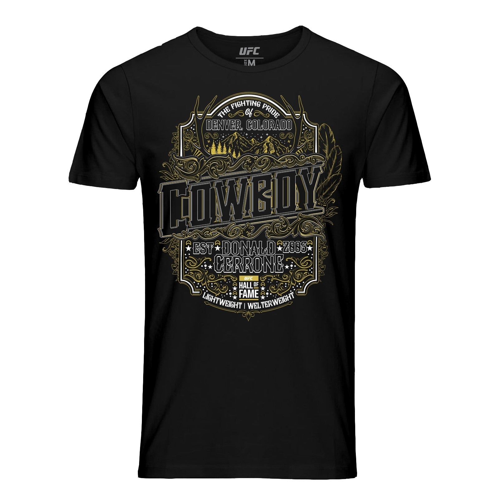 Men's black t-shirt featuring Donald Cerrone's UFC Hall of Fame 2023 induction design, made from soft cotton.