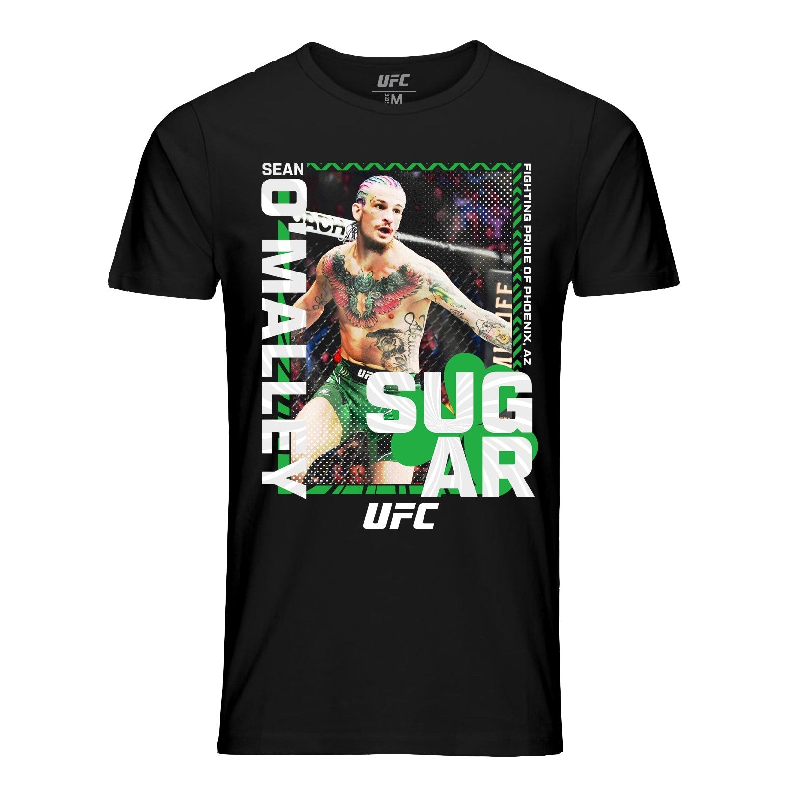 Men's black t-shirt featuring Sean O'Malley's photo, made from 100% ringspun cotton, perfect for UFC fans.