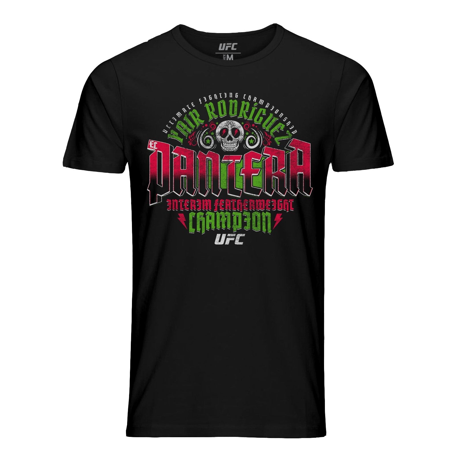 Men's black UFC Yair Rodriguez Skull Champion T-shirt featuring a bold skull graphic and short sleeves.